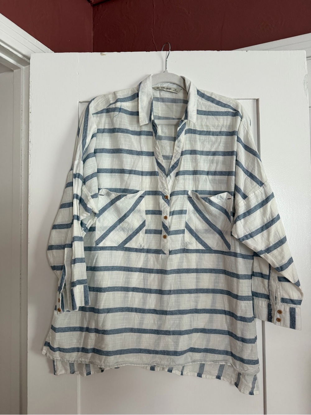 Zara White and Blue Striped Casual Button-Down Shirt